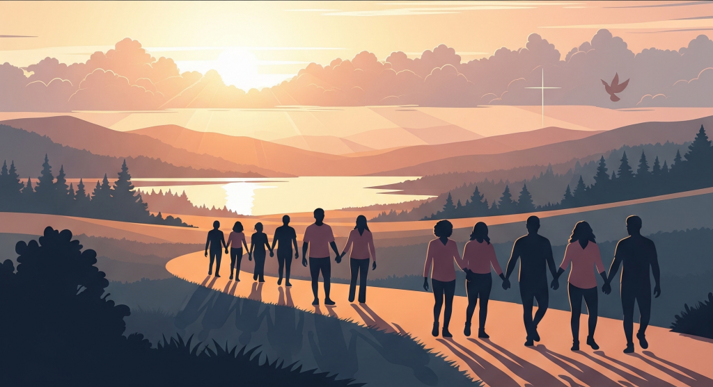 Silhouettes of people walking together on a peaceful, sunlit path, representing the shared spiritual journey and community support.